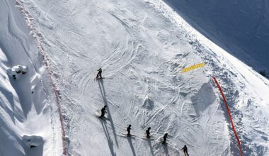 Aerial view of skiers on a snowy piste in Les Deux Alpes
