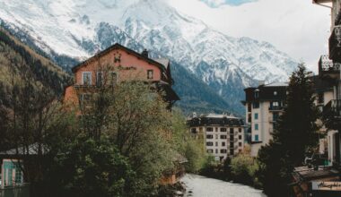 Buildings near trees and glacier mountains in Chamonix