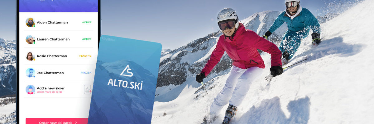 Alto.Ski app superimposed next to skiers on a snowy mountain