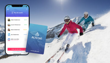 Alto.Ski app superimposed next to skiers on a snowy mountain