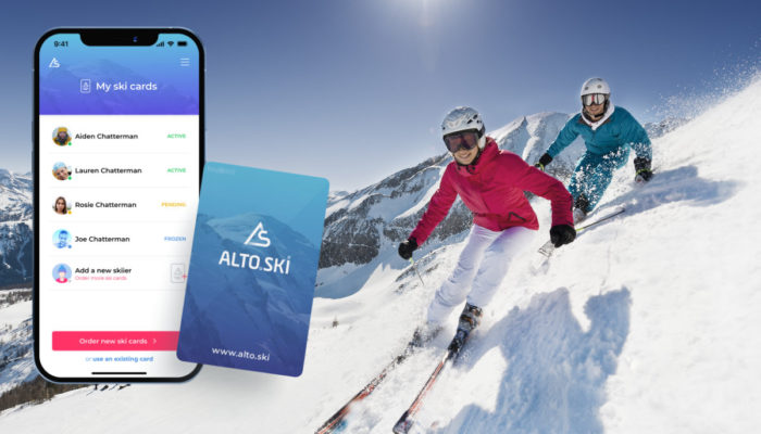 Alto.Ski app superimposed next to skiers on a snowy mountain